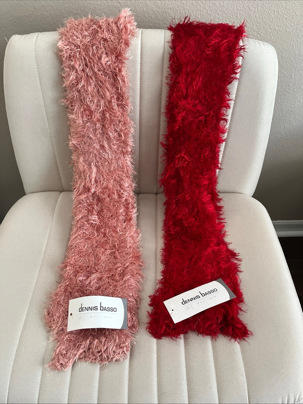 dennis basso Pink and Red Fuzzy Feather Scarves Duo